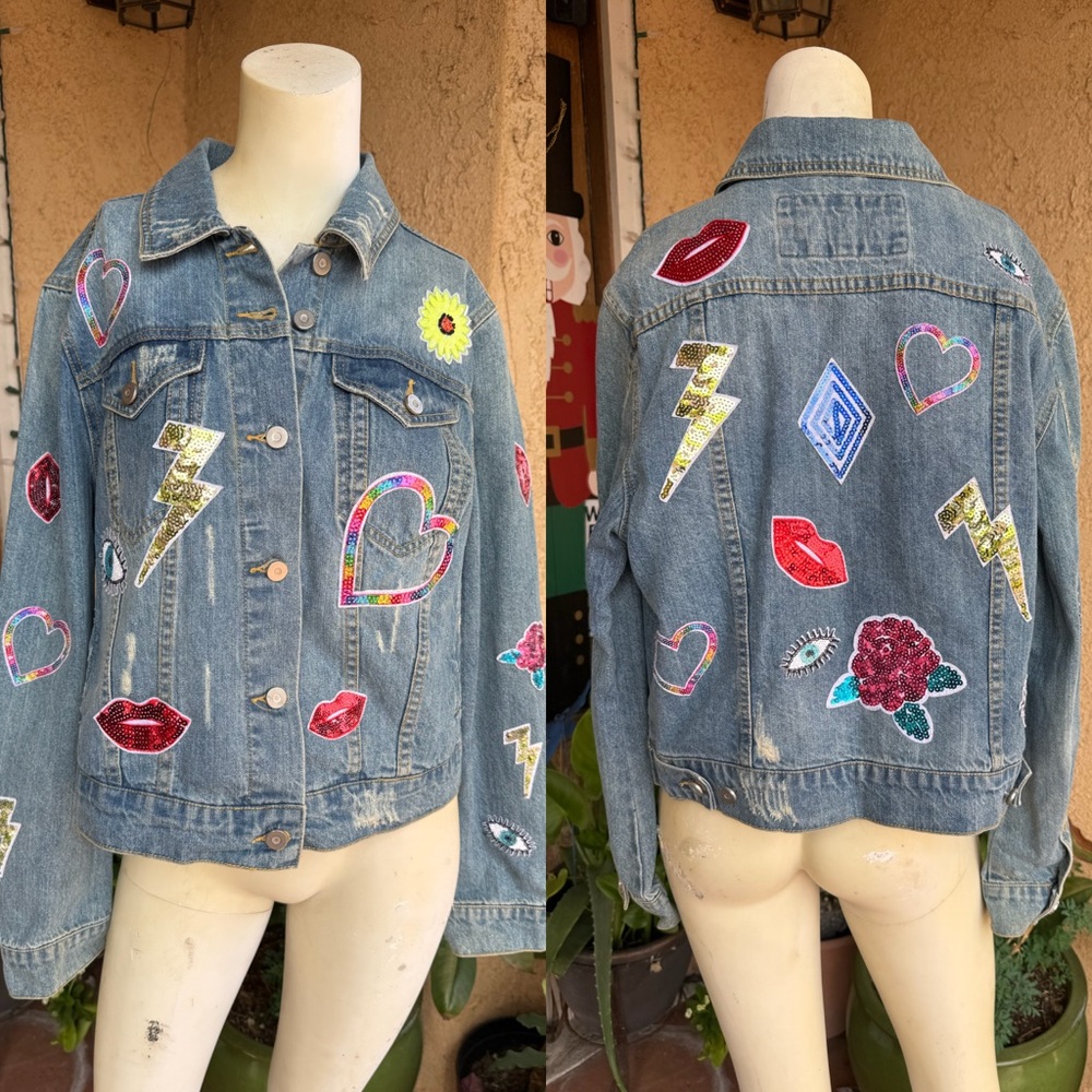 Bagatelle Heritage Denim Embellished Patch Jacket LARGE